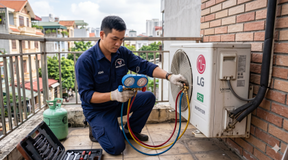 Kỹ thuật viên đang sử dụng đồng hồ đo áp suất gas chuyên dụng để kiểm tra tình trạng rò rỉ và thiếu gas khiến điều hòa kém lạnh