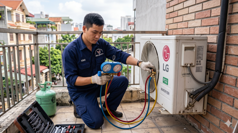 Kỹ thuật viên đang sử dụng đồng hồ đo áp suất gas chuyên dụng để kiểm tra tình trạng rò rỉ và thiếu gas khiến điều hòa kém lạnh
