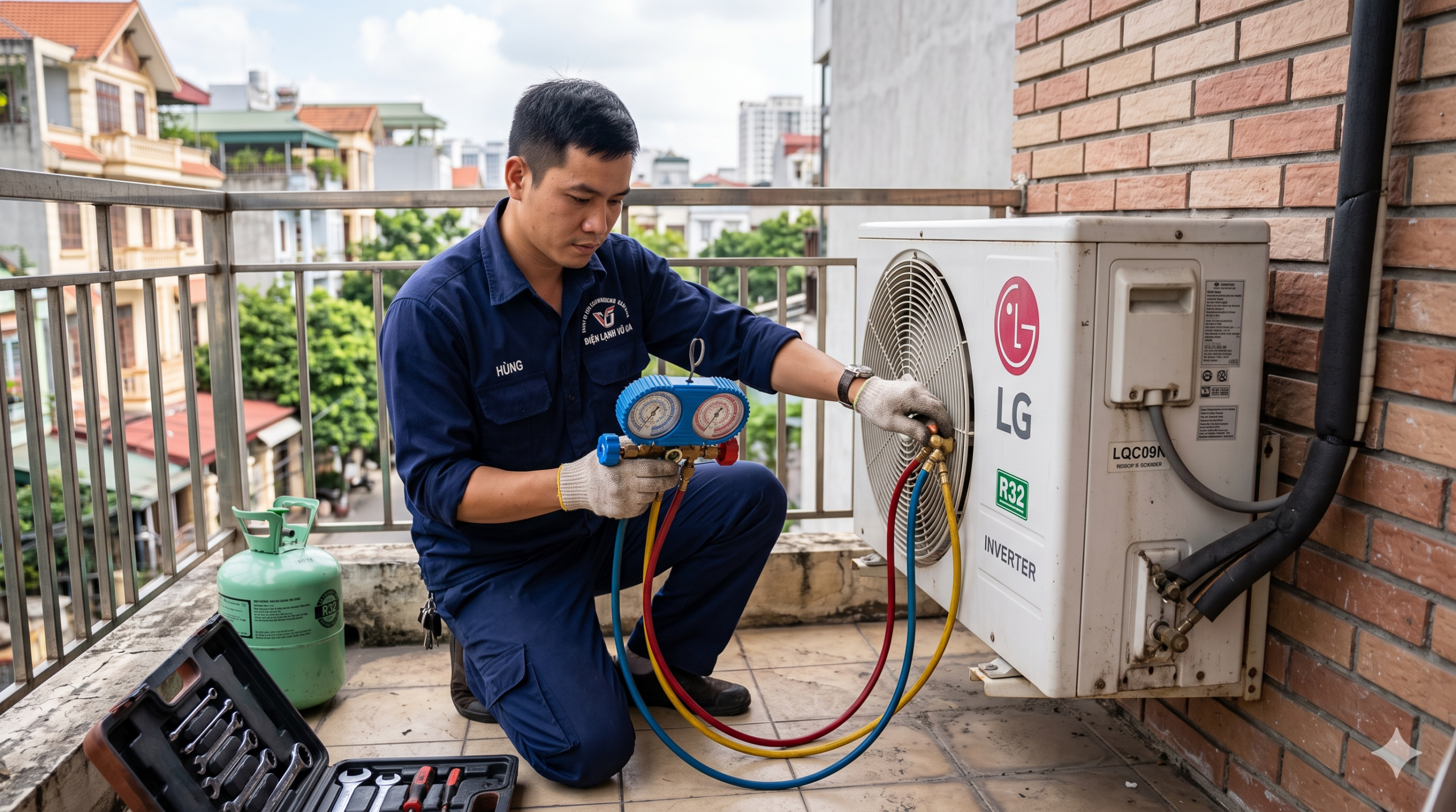 Kỹ thuật viên đang sử dụng đồng hồ đo áp suất gas chuyên dụng để kiểm tra tình trạng rò rỉ và thiếu gas khiến điều hòa kém lạnh