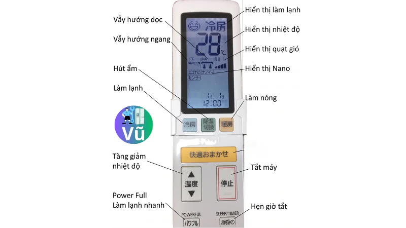 Giải mã các nút bấm trên điều khiển điều hòa Panasonic nội địa nhật Vũ Điện Lạnh: Các chế độ Làm lạnh (冷房), Hút ẩm (除湿), Sưởi ấm (暖房)