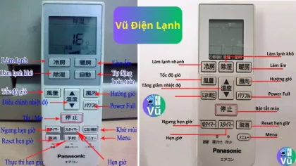 Giải mã các nút bấm trên điều khiển điều hòa Panasonic nội địa nhật Vũ Điện Lạnh: Các chế độ Làm lạnh (冷房), Hút ẩm (除湿), Sưởi ấm (暖房)