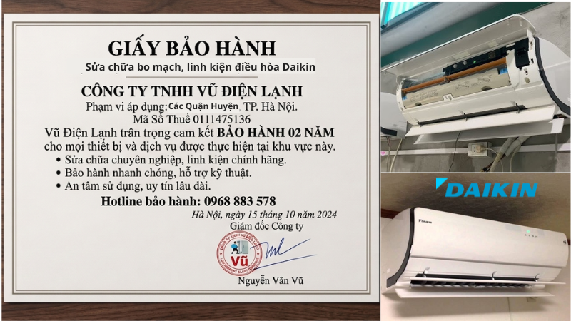 Thông tin đăng ký kinh doanh Công ty TNHH Vũ Điện Lạnh mã số thuế 0111475136 và văn bản chứng nhận cam kết bảo hành sửa chữa bo mạch, linh kiện điều hòa Daikin 02 năm