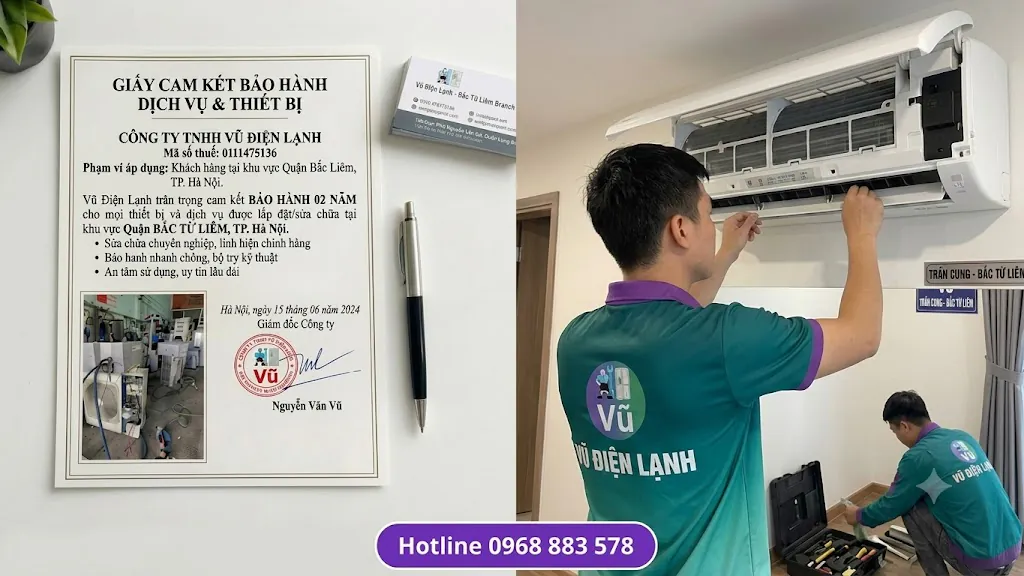Thông tin đăng ký kinh doanh Công ty TNHH Vũ Điện Lạnh mã số thuế 0111475136 và chứng nhận cam kết bảo hành trách nhiệm sửa chữa điều hòa 02 năm tại Hà Nội