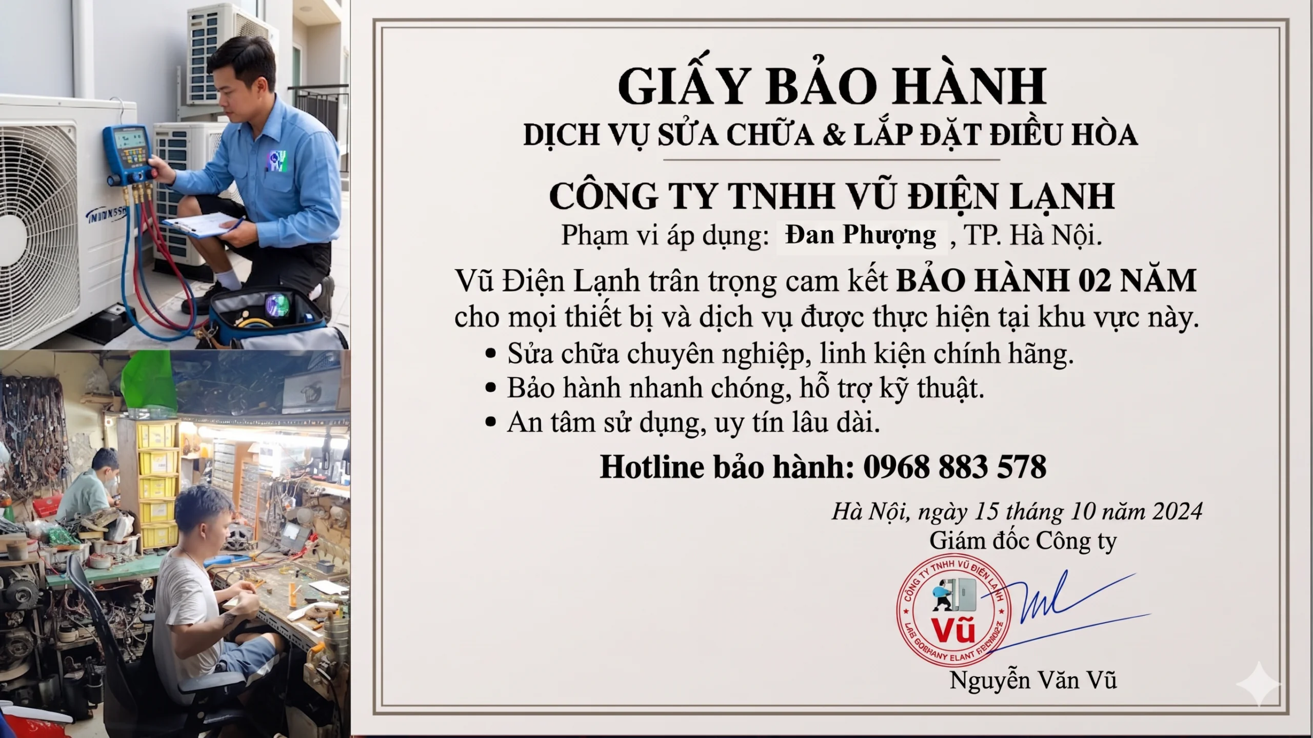 Thông tin đăng ký kinh doanh Công ty TNHH Vũ Điện Lạnh mã số thuế 0111475136 và văn bản chứng nhận cam kết trách nhiệm bảo hành sửa chữa điều hòa 02 năm tại Đan Phượng Hà Nội