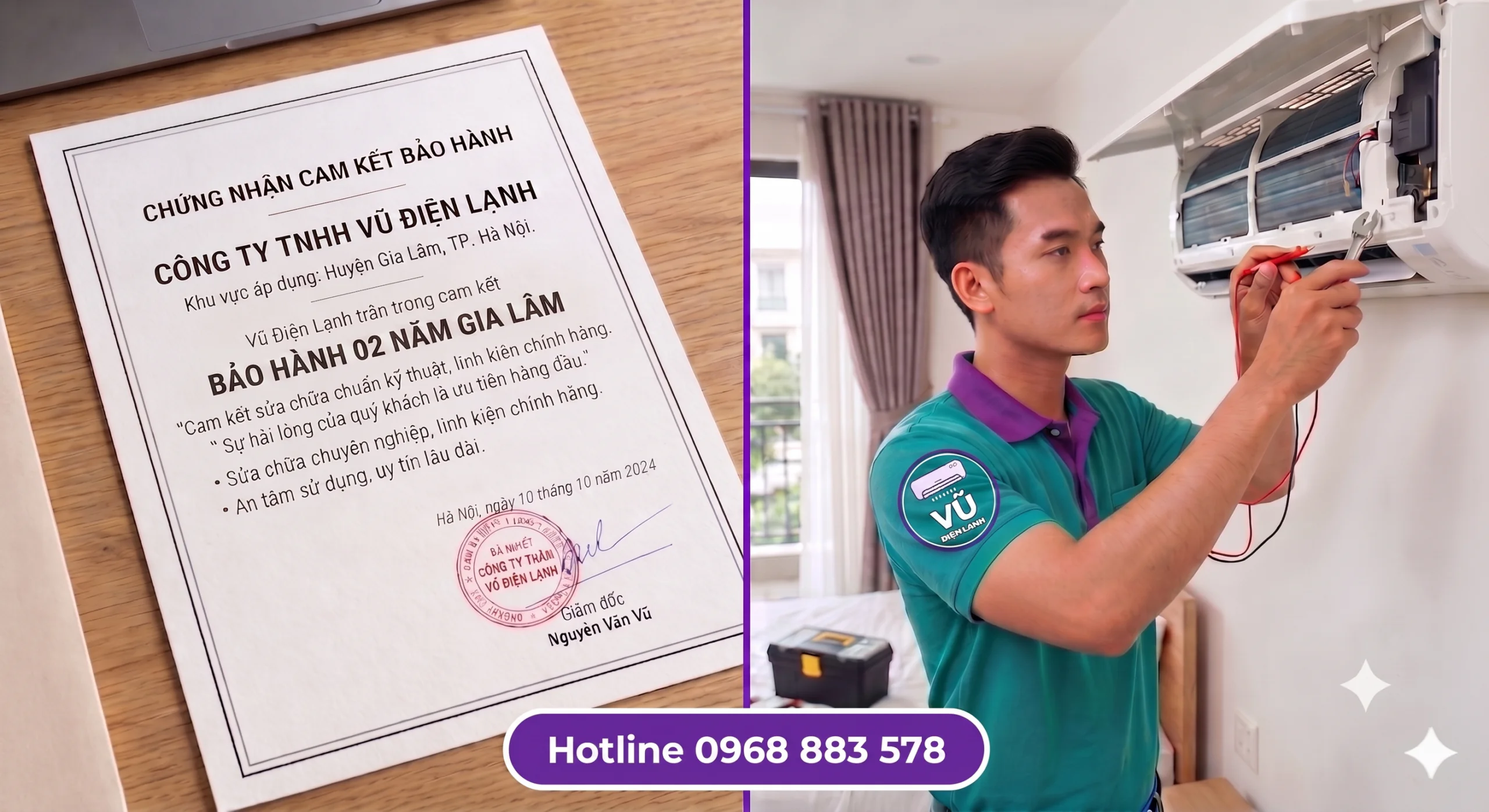 Thông tin đăng ký kinh doanh Công ty TNHH Vũ Điện Lạnh mã số thuế 0111475136 và văn bản chứng nhận cam kết trách nhiệm bảo hành sửa chữa điều hòa 02 năm tại Gia Lâm Hà Nội