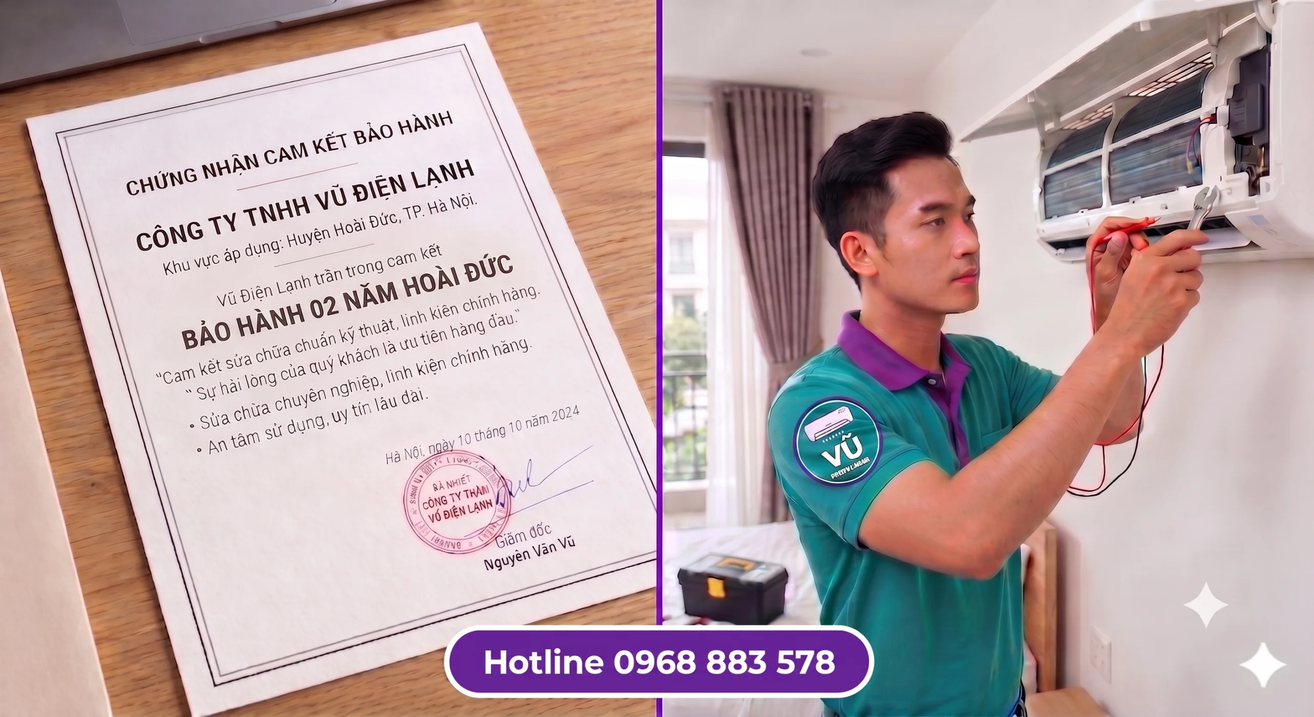 Thông tin đăng ký kinh doanh Công ty TNHH Vũ Điện Lạnh mã số thuế 0111475136 và văn bản chứng nhận cam kết trách nhiệm bảo hành sửa chữa điều hòa 02 năm tại Hoài Đức Hà Nội