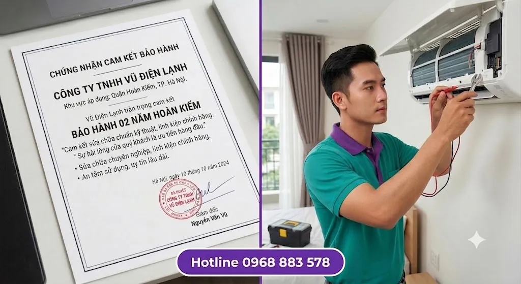 Thông tin đăng ký kinh doanh Công ty TNHH Vũ Điện Lạnh mã số thuế 0111475136 và văn bản chứng nhận cam kết trách nhiệm bảo hành sửa chữa điều hòa 02 năm tại Hoàn Kiếm Hà Nội