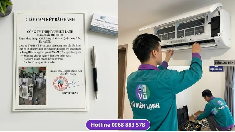 Thông tin đăng ký kinh doanh Công ty TNHH Vũ Điện Lạnh mã số thuế 0111475136 và chứng nhận cam kết bảo hành trách nhiệm sửa chữa điều hòa 02 năm tại Hà Nội