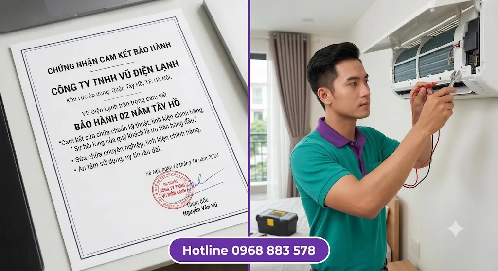 Thông tin đăng ký kinh doanh Công ty TNHH Vũ Điện Lạnh mã số thuế 0111475136 và chứng nhận cam kết bảo hành trách nhiệm sửa chữa điều hòa 02 năm tại Hà Nội