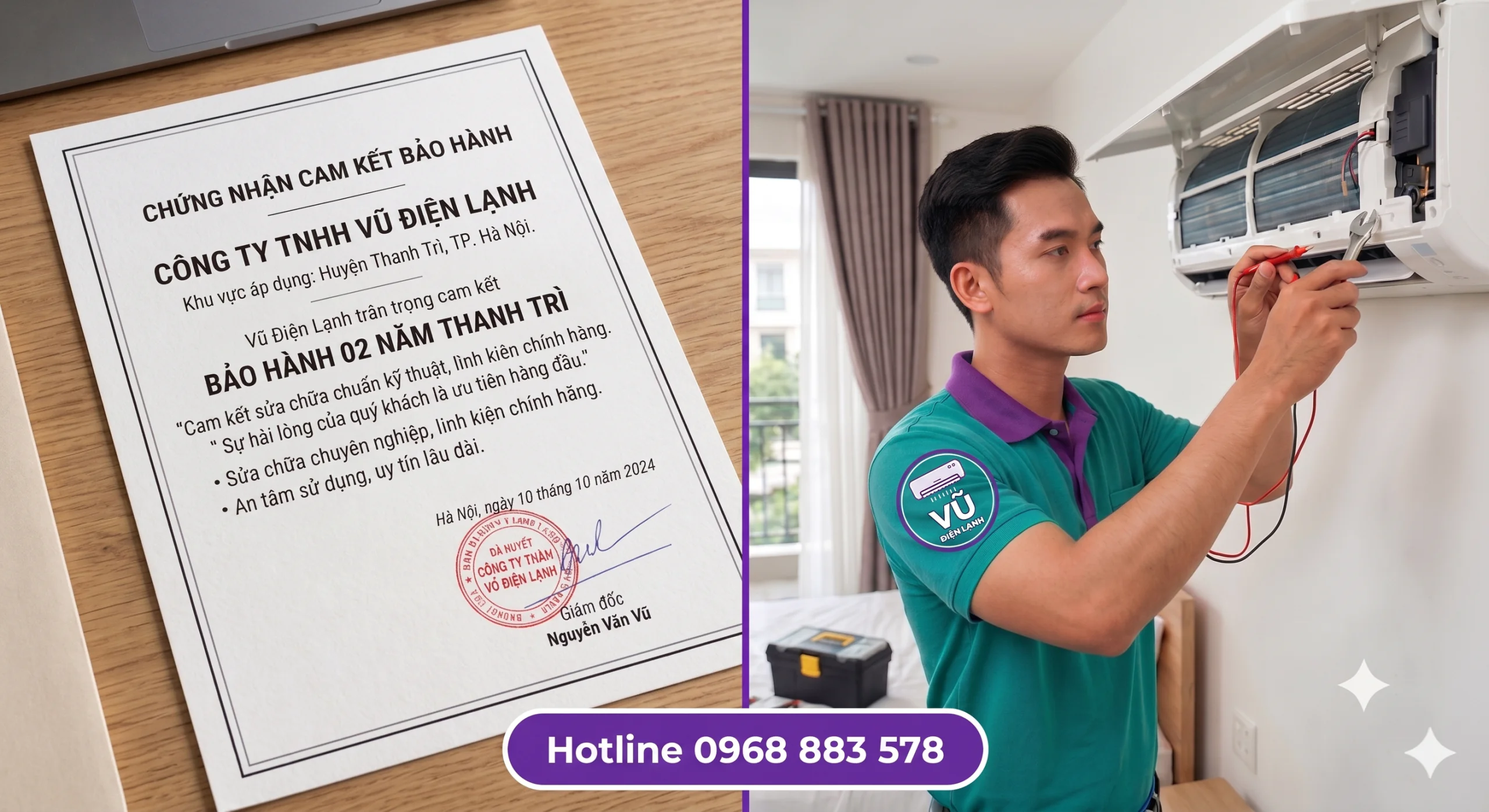 Thông tin đăng ký kinh doanh Công ty TNHH Vũ Điện Lạnh mã số thuế 0111475136 và văn bản chứng nhận cam kết trách nhiệm bảo hành sửa chữa điều hòa 02 năm tại Thanh Trì Hà Nội