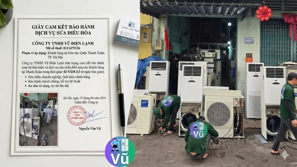 Cam kết bảo hành dịch vụ 2 năm của CÔNG TY TNHH VŨ ĐIỆN LẠNH, MST 0111475136 cho khách hàng sửa điều hòa tại Thanh Xuân