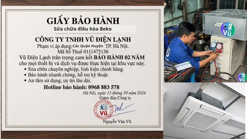 Thông tin đăng ký kinh doanh Công ty TNHH Vũ Điện Lạnh mã số thuế 0111475136, hỗ trợ xuất hóa đơn VAT cho doanh nghiệp và cam kết bảo hành sửa chữa điều hòa âm trần 02 năm