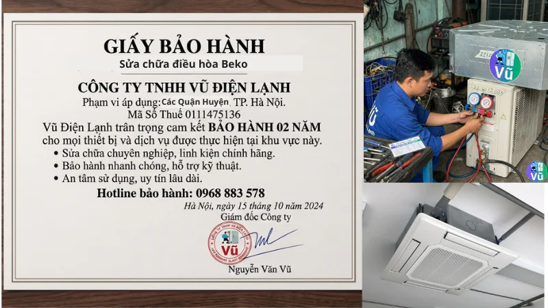 Thông tin đăng ký kinh doanh Công ty TNHH Vũ Điện Lạnh mã số thuế 0111475136, hỗ trợ xuất hóa đơn VAT cho doanh nghiệp và cam kết bảo hành sửa chữa điều hòa âm trần 02 năm