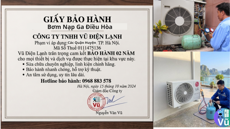 Thông tin đăng ký kinh doanh Công ty TNHH Vũ Điện Lạnh mã số thuế 0111475136 và văn bản cam kết bảo hành hệ thống nạp gas điều hòa tại nhà Hà Nội