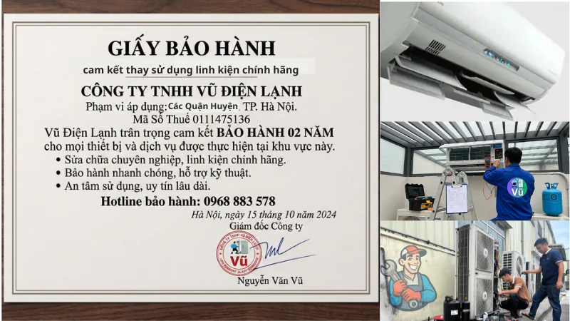 Thông tin đăng ký kinh doanh Công ty TNHH Vũ Điện Lạnh mã số thuế 0111475136 và văn bản chứng nhận cam kết sử dụng linh kiện chính hãng, bảo hành 02 năm tại Hà Nội