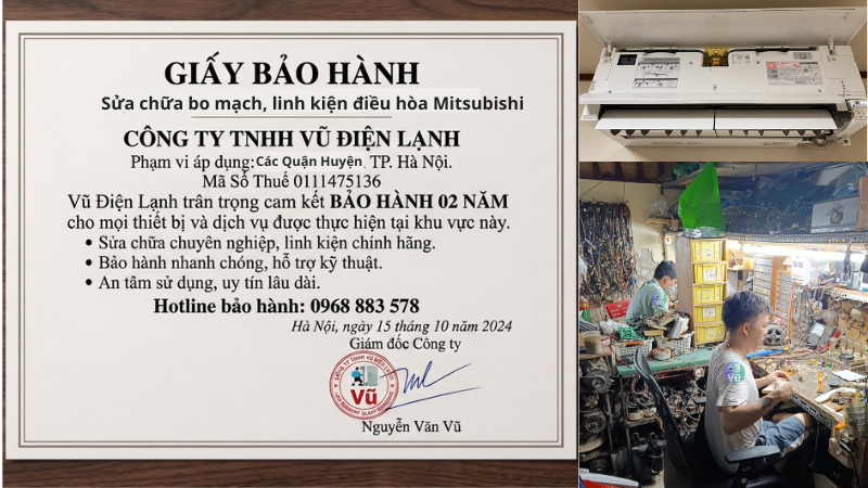 Thông tin đăng ký kinh doanh Công ty TNHH Vũ Điện Lạnh mã số thuế 0111475136 và văn bản chứng nhận cam kết bảo hành sửa chữa bo mạch, linh kiện điều hòa Mitsubishi 02 năm