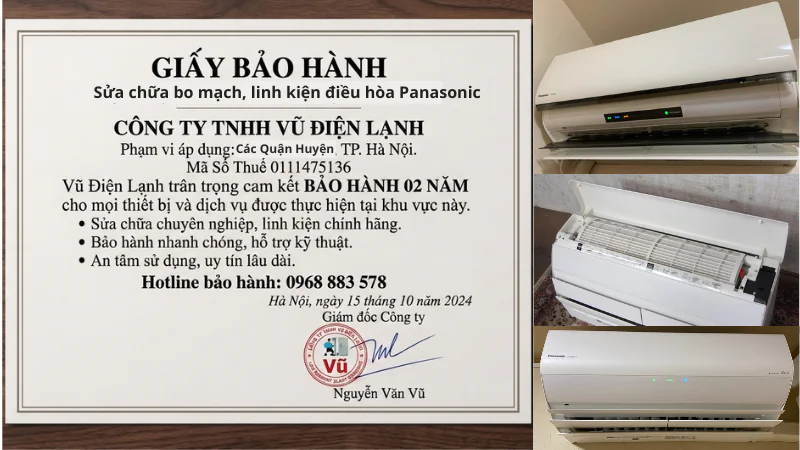 Thông tin đăng ký kinh doanh Công ty TNHH Vũ Điện Lạnh và văn bản cam kết bảo hành sửa chữa điều hòa Panasonic 02 năm
