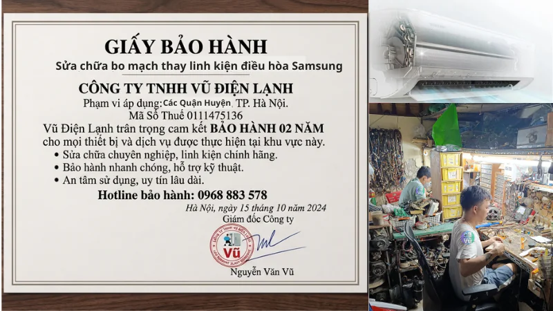 Thông tin đăng ký kinh doanh Công ty TNHH Vũ Điện Lạnh mã số thuế 0111475136 và văn bản chứng nhận cam kết bảo hành sửa chữa bo mạch, linh kiện điều hòa Samsung 02 năm