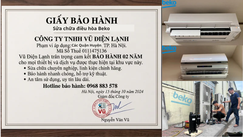 Thông tin đăng ký kinh doanh Công ty TNHH Vũ Điện Lạnh mã số thuế 0111475136 và văn bản chứng nhận cam kết trách nhiệm bảo hành sửa chữa điều hòa Beko 02 năm tại nhà Hà Nội