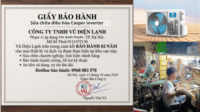 Thông tin đăng ký kinh doanh Công ty TNHH Vũ Điện Lạnh mã số thuế 0111475136 và văn bản chứng nhận cam kết trách nhiệm bảo hành sửa chữa điều hòa Casper 02 năm tại nhà Hà Nội
