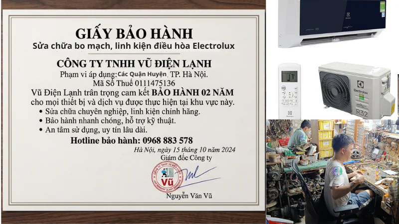 Thông tin đăng ký kinh doanh Công ty TNHH Vũ Điện Lạnh mã số thuế 0111475136 và văn bản chứng nhận cam kết bảo hành sửa chữa bo mạch, linh kiện điều hòa Electrolux 02 năm