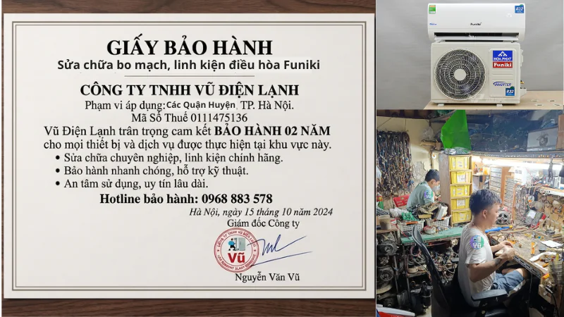 Thông tin đăng ký kinh doanh Công ty TNHH Vũ Điện Lạnh mã số thuế 0111475136 và văn bản chứng nhận cam kết bảo hành sửa chữa bo mạch, linh kiện điều hòa Funiki 02 năm