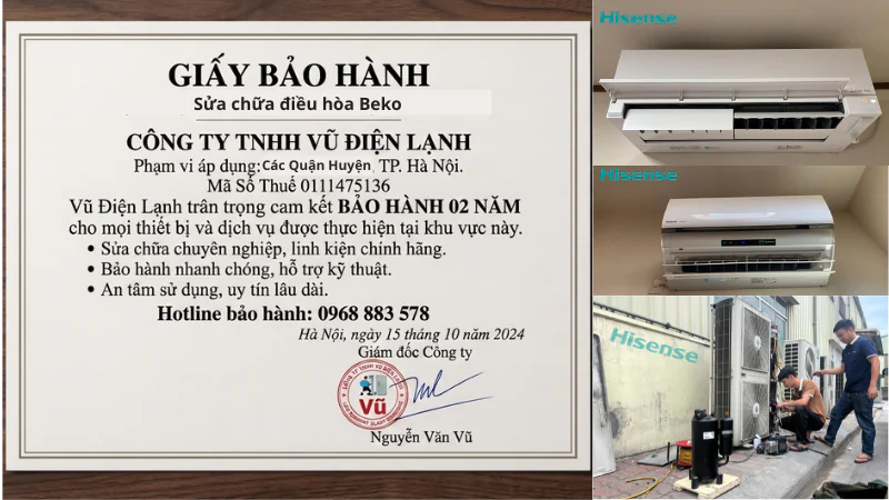 Thông tin đăng ký kinh doanh Công ty TNHH Vũ Điện Lạnh mã số thuế 0111475136 và văn bản chứng nhận cam kết bảo hành sửa chữa, linh kiện điều hòa Hisense 02 năm