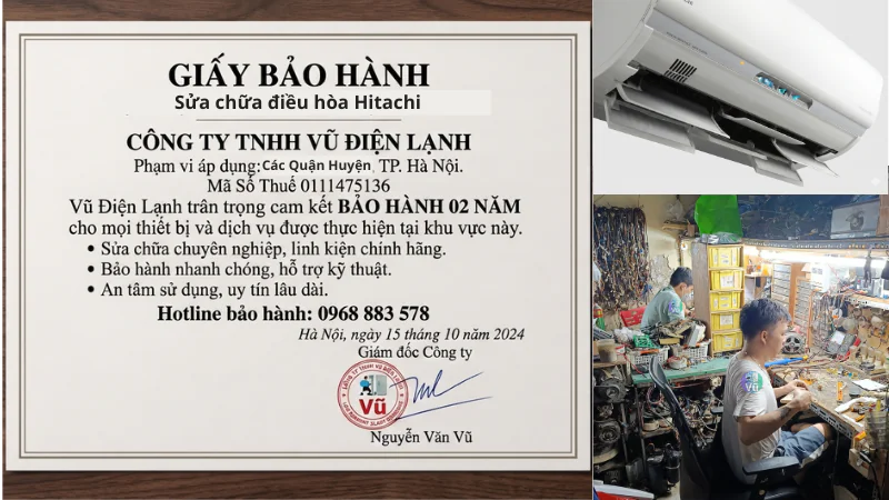 Thông tin đăng ký kinh doanh Công ty TNHH Vũ Điện Lạnh mã số thuế 0111475136 và văn bản chứng nhận cam kết trách nhiệm bảo hành sửa chữa điều hòa Hitachi 02 năm tại nhà Hà Nội