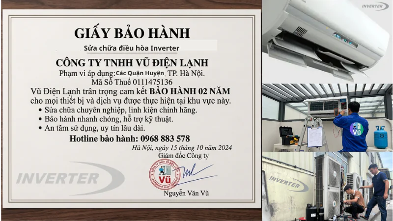 Giấy chứng nhận pháp lý và thông tin bảo hành sửa điều hòa của Công ty TNHH Vũ Điện Lạnh tại Hà Nội