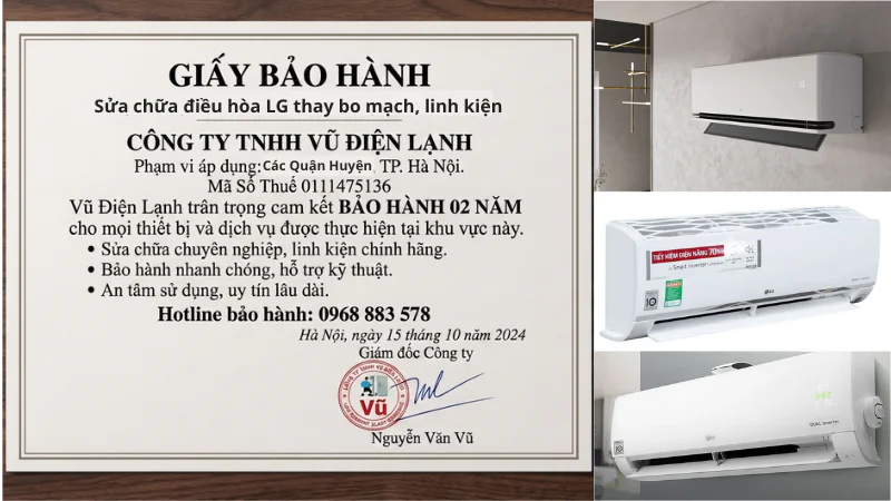 Thông tin đăng ký kinh doanh Công ty TNHH Vũ Điện Lạnh mã số thuế 0111475136 và văn bản cam kết trách nhiệm bảo hành theo hạng mục sửa chữa điều hòa LG tại nhà Hà Nội
