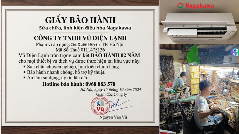 Thông tin đăng ký kinh doanh Công ty TNHH Vũ Điện Lạnh mã số thuế 0111475136 và văn bản chứng nhận cam kết bảo hành sửa chữa, linh kiện điều hòa Nagakawa 02 năm
