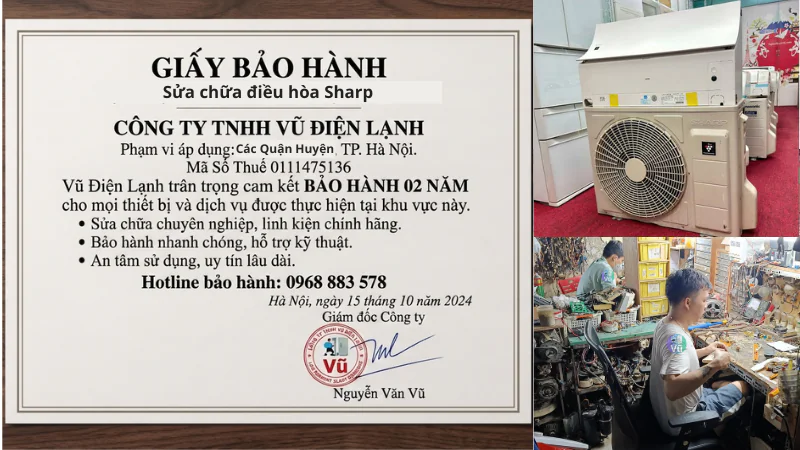 Thông tin đăng ký kinh doanh Công ty TNHH Vũ Điện Lạnh mã số thuế 0111475136 và văn bản chứng nhận cam kết trách nhiệm bảo hành sửa chữa điều hòa Sharp 02 năm tại nhà Hà Nội
