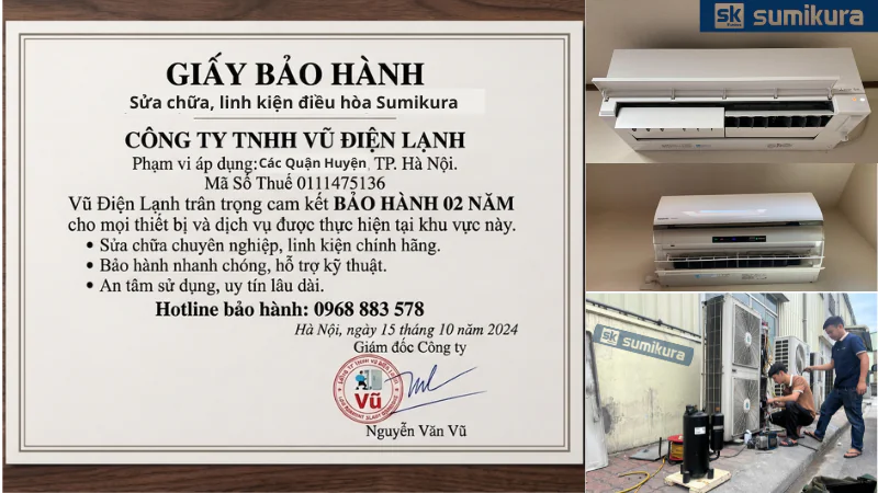 Thông tin đăng ký kinh doanh Công ty TNHH Vũ Điện Lạnh mã số thuế 0111475136 và văn bản chứng nhận cam kết bảo hành sửa chữa, linh kiện điều hòa Sumikura 02 năm