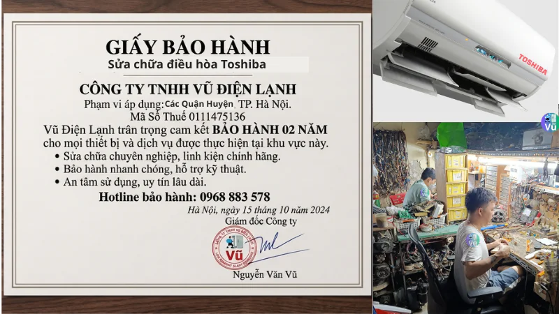 Thông tin đăng ký kinh doanh Công ty TNHH Vũ Điện Lạnh mã số thuế 0111475136 và văn bản chứng nhận cam kết trách nhiệm bảo hành sửa chữa điều hòa Toshiba 02 năm tại nhà Hà Nội