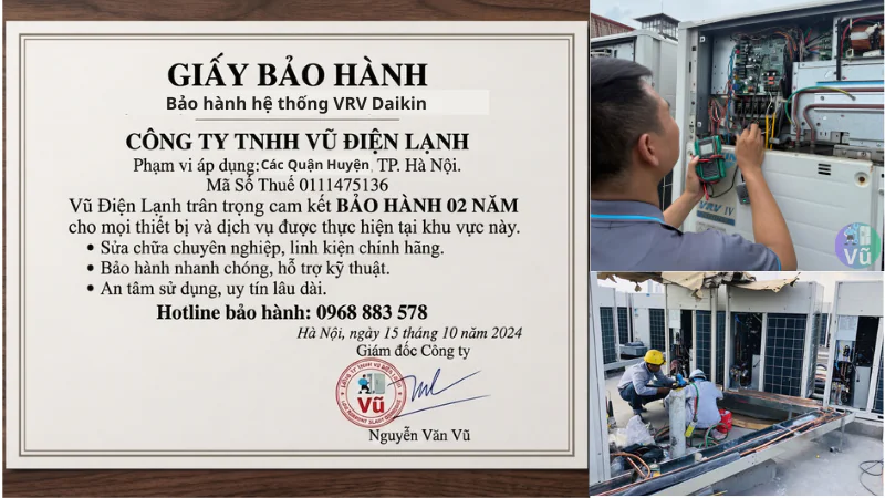 Thông tin đăng ký kinh doanh Công ty TNHH Vũ Điện Lạnh mã số thuế 0111475136, cung cấp đầy đủ hợp đồng kinh tế, hỗ trợ xuất hóa đơn VAT và bảo hành hệ thống VRV 02 năm