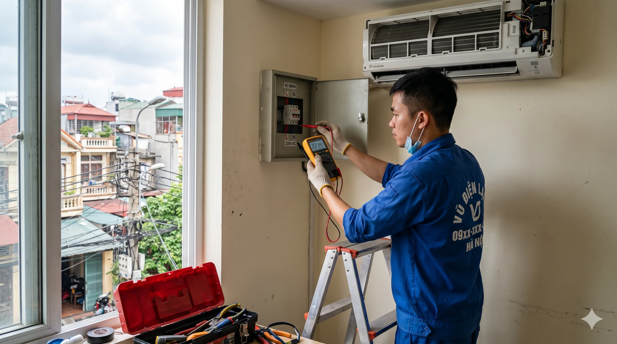 Thợ kỹ thuật Vũ Điện Lạnh dùng đồng hồ vạn năng kiểm tra aptomat và nguồn điện cấp cho điều hòa bị mất nguồn tại Hà Nội