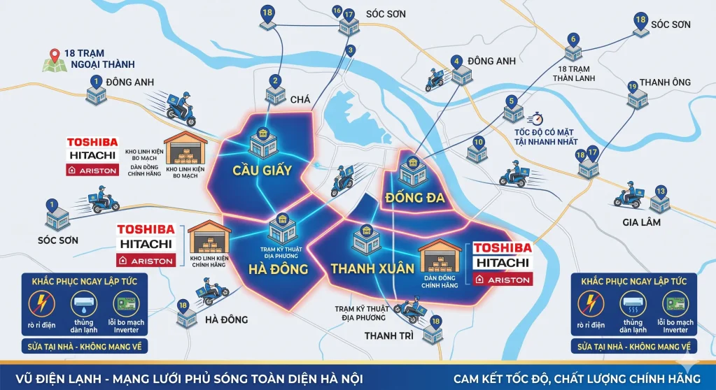 Bản đồ mạng lưới 18 trạm kỹ thuật trực chiến của Vũ Điện Lạnh phủ sóng các quận Cầu Giấy, Hà Đông, Thanh Xuân, Đống Đa, cam kết có mặt sửa chữa điện lạnh khẩn cấp tại nhà nhanh nhất