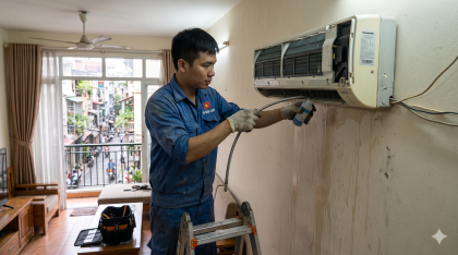 Kỹ thuật viên Vũ Điện Lạnh đang kiểm tra tình trạng điều hòa chảy nước xuống tường do tắc ống thoát tại nhà khách hàng ở Hà Nội