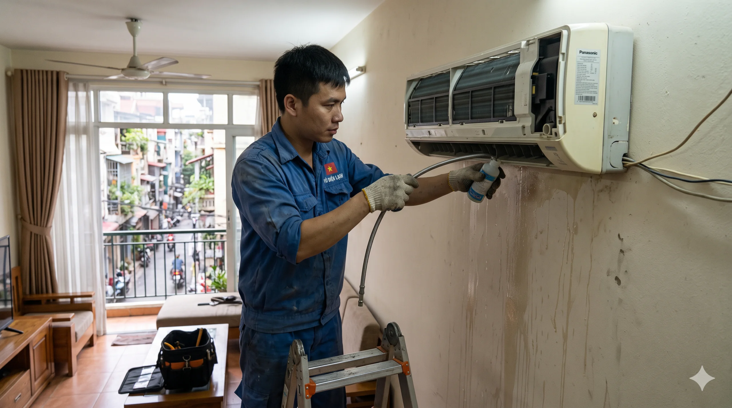 Kỹ thuật viên Vũ Điện Lạnh đang kiểm tra tình trạng điều hòa chảy nước xuống tường do tắc ống thoát tại nhà khách hàng ở Hà Nội