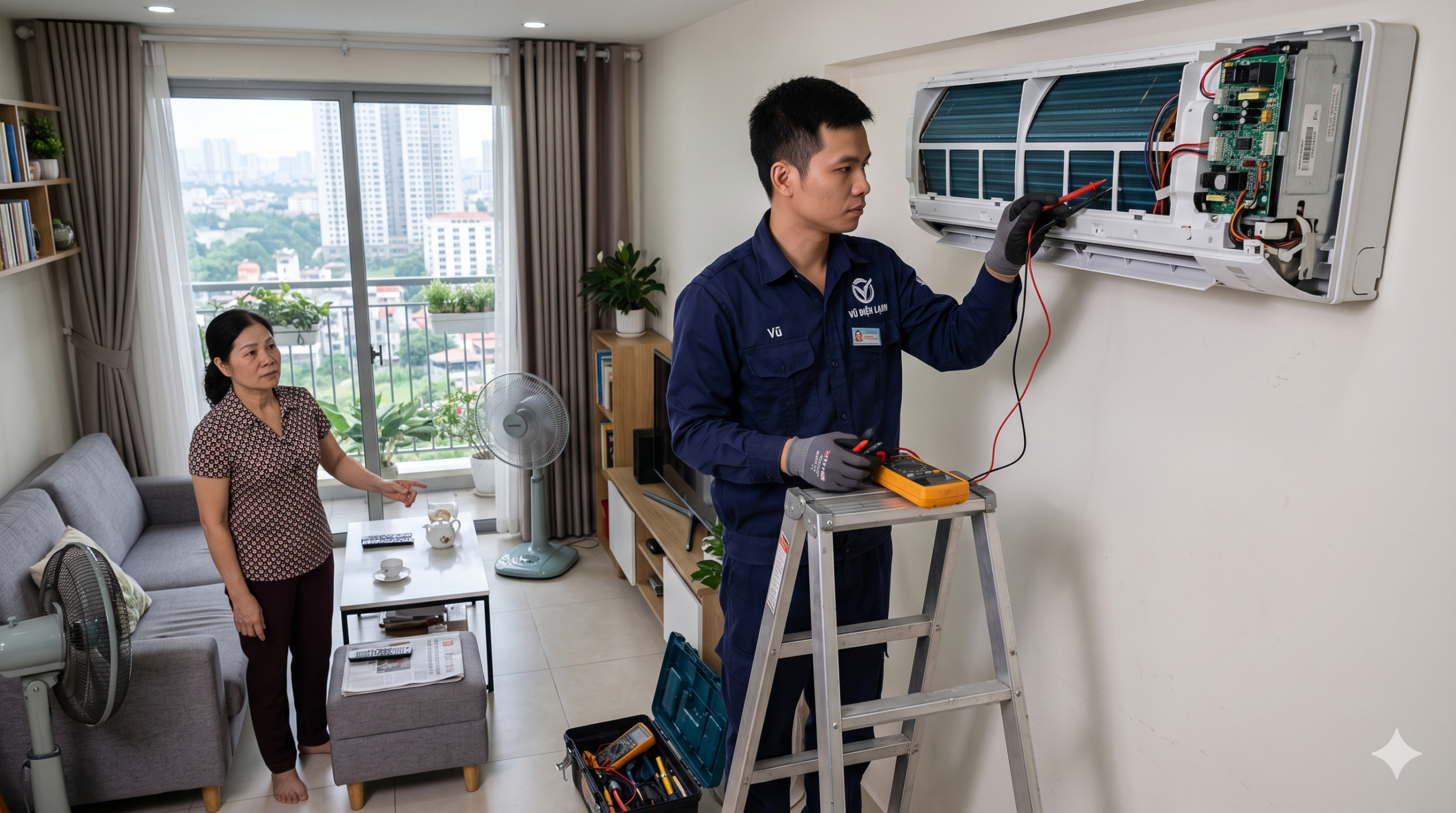 Kỹ thuật viên Vũ Điện Lạnh đang kiểm tra nguyên nhân điều hòa không mát, lạnh yếu và chỉ thổi gió tại nhà khách hàng ở Hà Nội