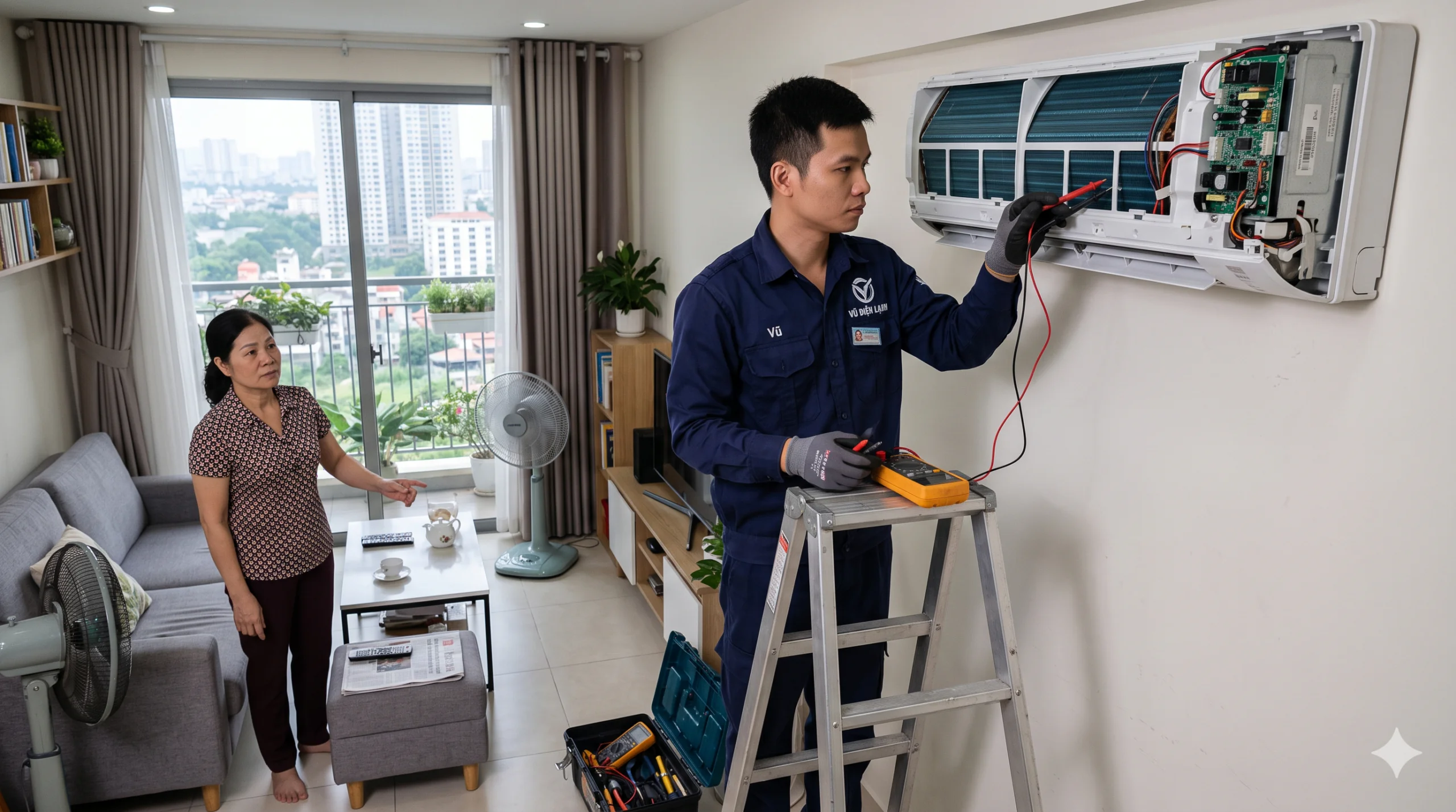 Kỹ thuật viên Vũ Điện Lạnh đang kiểm tra nguyên nhân điều hòa không mát, lạnh yếu và chỉ thổi gió tại nhà khách hàng ở Hà Nội