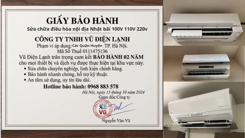 Mẫu phiếu bảo hành dịch vụ sửa chữa điều hòa nội địa Nhật bãi 100V 110V chính thức của Công ty TNHH Vũ Điện Lạnh mã số thuế 0111475136