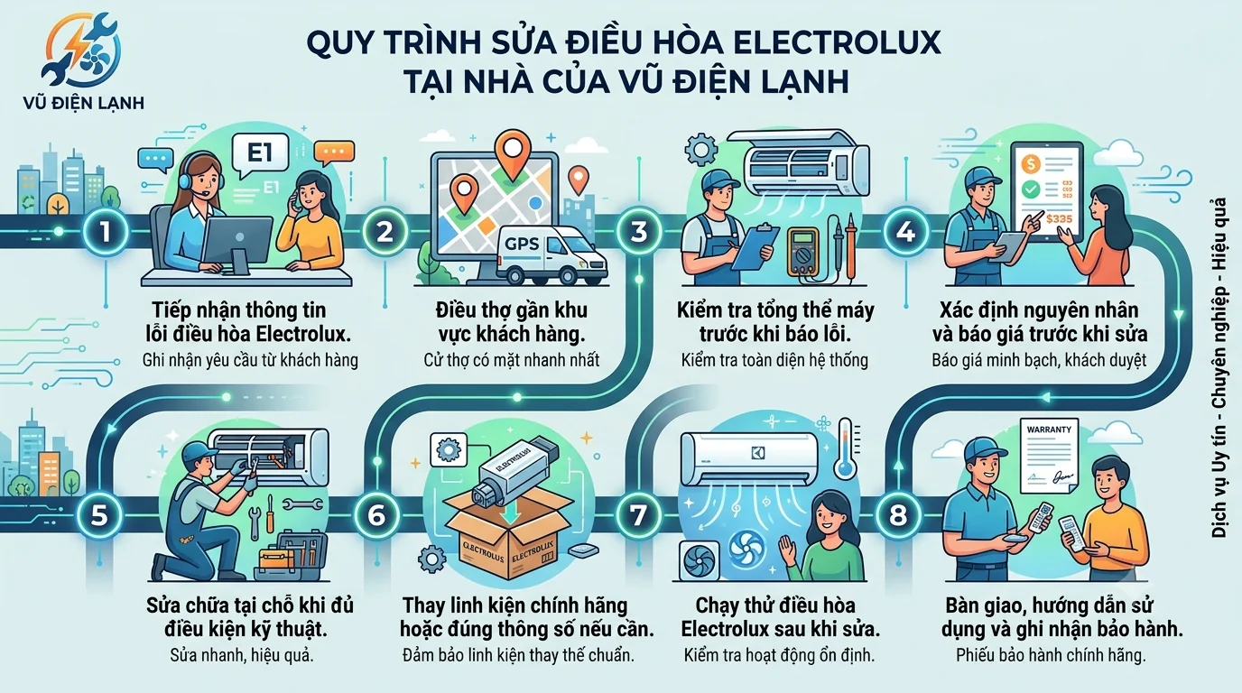 Sơ đồ quy trình 8 bước dịch vụ sửa chữa điều hòa Electrolux tại nhà Hà Nội của Vũ Điện Lạnh: Tiếp nhận nhanh qua Zalo, thợ đến sau 15 phút, đo kiểm bằng thiết bị chuyên dụng, báo giá trước khi sửa