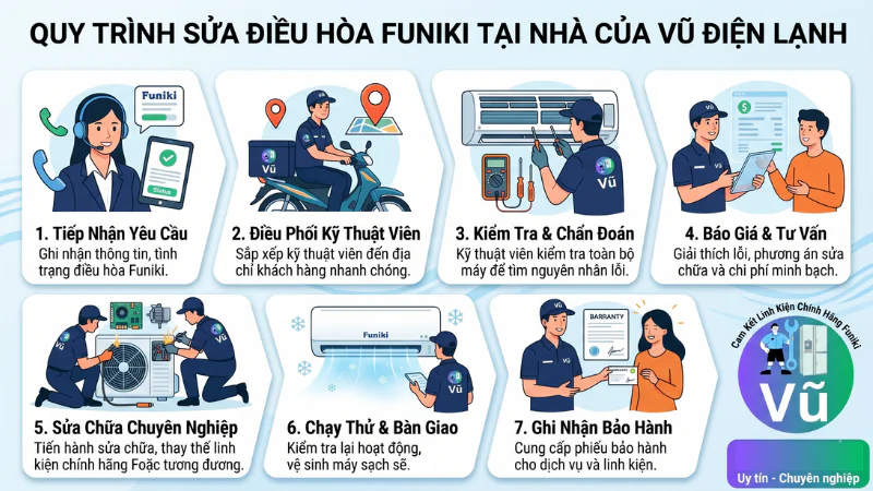 Sơ đồ quy trình 8 bước dịch vụ sửa chữa điều hòa Funiki tại nhà Hà Nội của Vũ Điện Lạnh: Tiếp nhận nhanh qua Zalo, điều thợ đến sau 15 phút, đo kiểm đúng bệnh, báo giá trước khi sửa