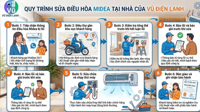 Sơ đồ quy trình 6 bước sửa điều hòa Midea tại nhà Hà Nội của Vũ Điện Lạnh