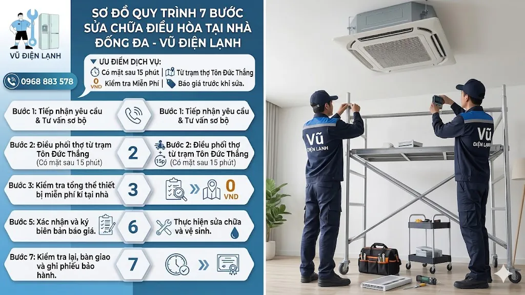 Sơ đồ quy trình 5 bước sửa chữa điều hòa tại nhà Đống Đa: Có mặt sau 15 phút từ trạm thợ Tôn Đức Thắng, kiểm tra miễn phí và báo giá trước khi sửa của Vũ Điện Lạnh
