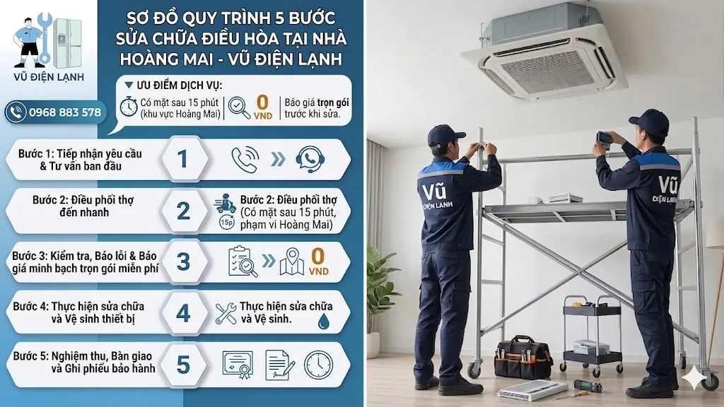 Sơ đồ quy trình 5 bước dịch vụ sửa chữa điều hòa tại nhà Hoàng Mai của Vũ Điện Lạnh: Điều thợ từ Linh Đàm và Tam Trinh đến sau 15 phút, kiểm tra miễn phí, báo giá minh bạch