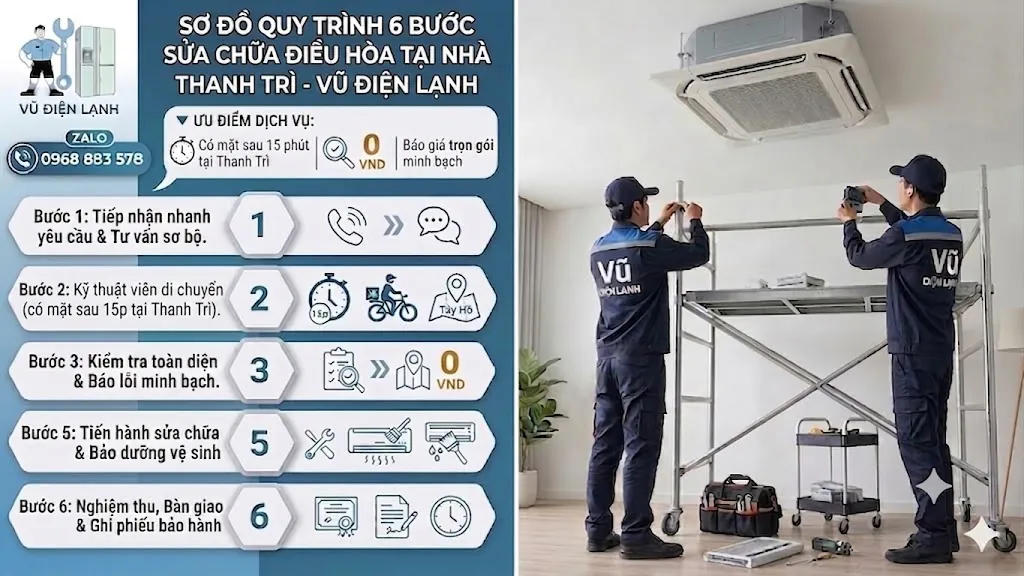 Sơ đồ quy trình 6 bước dịch vụ sửa chữa điều hòa tại nhà huyện Thanh Trì của Vũ Điện Lạnh: Tiếp nhận nhanh qua Zalo, điều thợ từ trụ sở Thanh Liệt đến sau 15 phút, kiểm tra miễn phí, báo giá minh bạch trước khi sửa