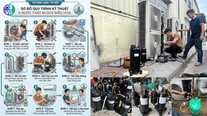 Sơ đồ quy trình kỹ thuật 9 bước thay block điều hòa tại Hà Nội của Vũ Điện Lạnh: Từ đo kiểm miễn phí, hạ block cũ, cân cáp, súc rửa hệ thống bằng khí nitơ, hàn máy nén mới, hút chân không sâu đến nạp gas và chạy thử