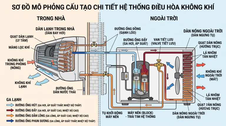Sơ đồ mô phỏng cấu tạo chi tiết của hệ thống điều hòa không khí gồm dàn lạnh trong nhà, dàn nóng ngoài trời, máy nén (block), van tiết lưu và đường ống đồng dẫn gas
